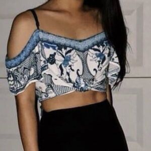 Off-Shoulder Cold Shoulder White and Blue Floral Top